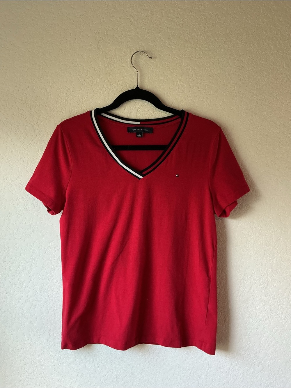Tommy Hilfiger Red V-Neck Tee with Navy & White Trim